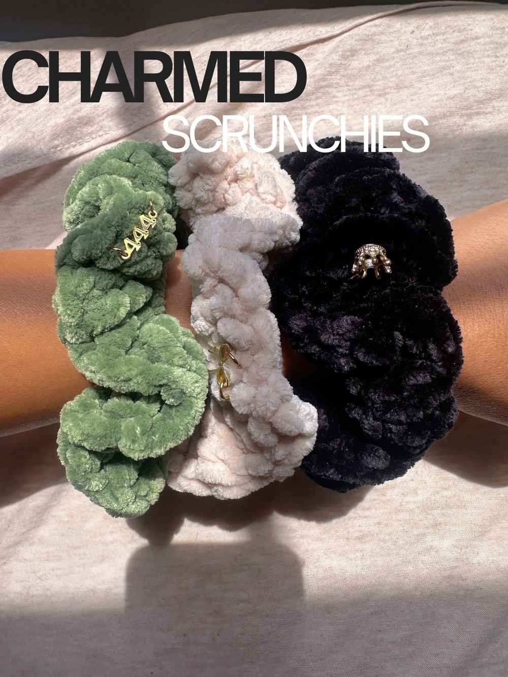 Charmed Plush Scrunchie Trio - Sage, Cream & Black
